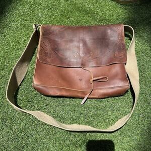 Vtg Armani Exchange Leather Messenger Bag Crossbody Tooled Mail Carrier Brown